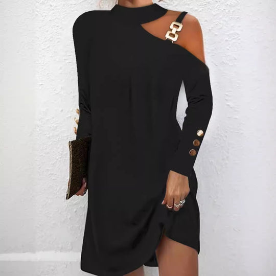 Damen nan asymmetrisches Minikleid mit Stehkragen, Cut-Out-Schulter und Zierkettenträger EB