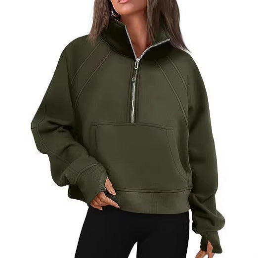 Damen nan weit geschnittenes Kurzpullover mit Stehkragen, halbem Reißverschluss und Kängurutasche EB