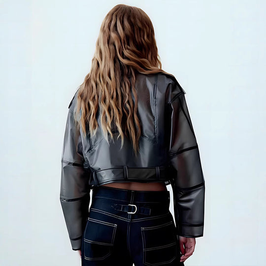 Damen trendige Vinyljacke mit asymmetrischem Schnitt und modernen Details EB