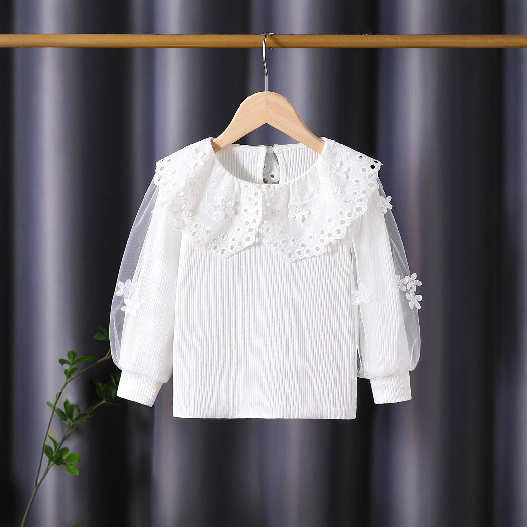 Mädchen Bluse mit voluminösen Tüllärmeln und aufwändigen Blumenstickereien EB