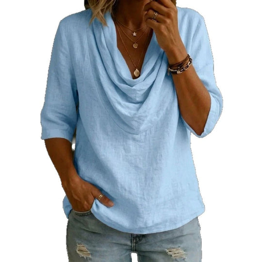 Damen nan luftige Leinenbluse mit drapiertem Wasserfallkragen, lockerer Silhouette und dreiviertelärmeln EB