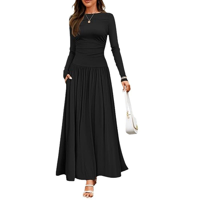 Damen Langärmliges Maxikleid mit eleganten Rüschendetails und praktischen Taschen EB