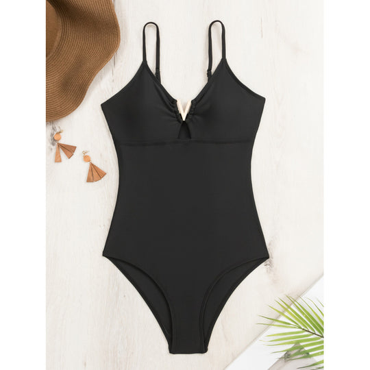 Damen Einteiler Badeanzug mit stilvollem Cut-Out und modischem V-Ausschnitt EB