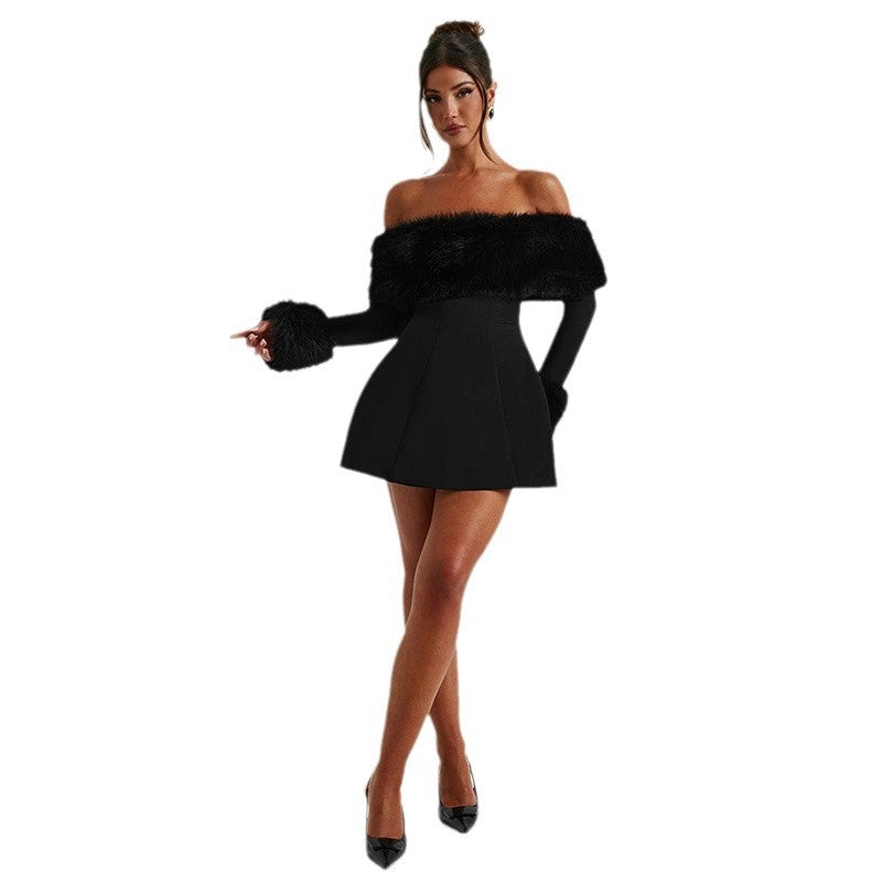 Damen Offshoulder-Kleid mit luxuriöser Futterverzierung und schwingendem Rock EB