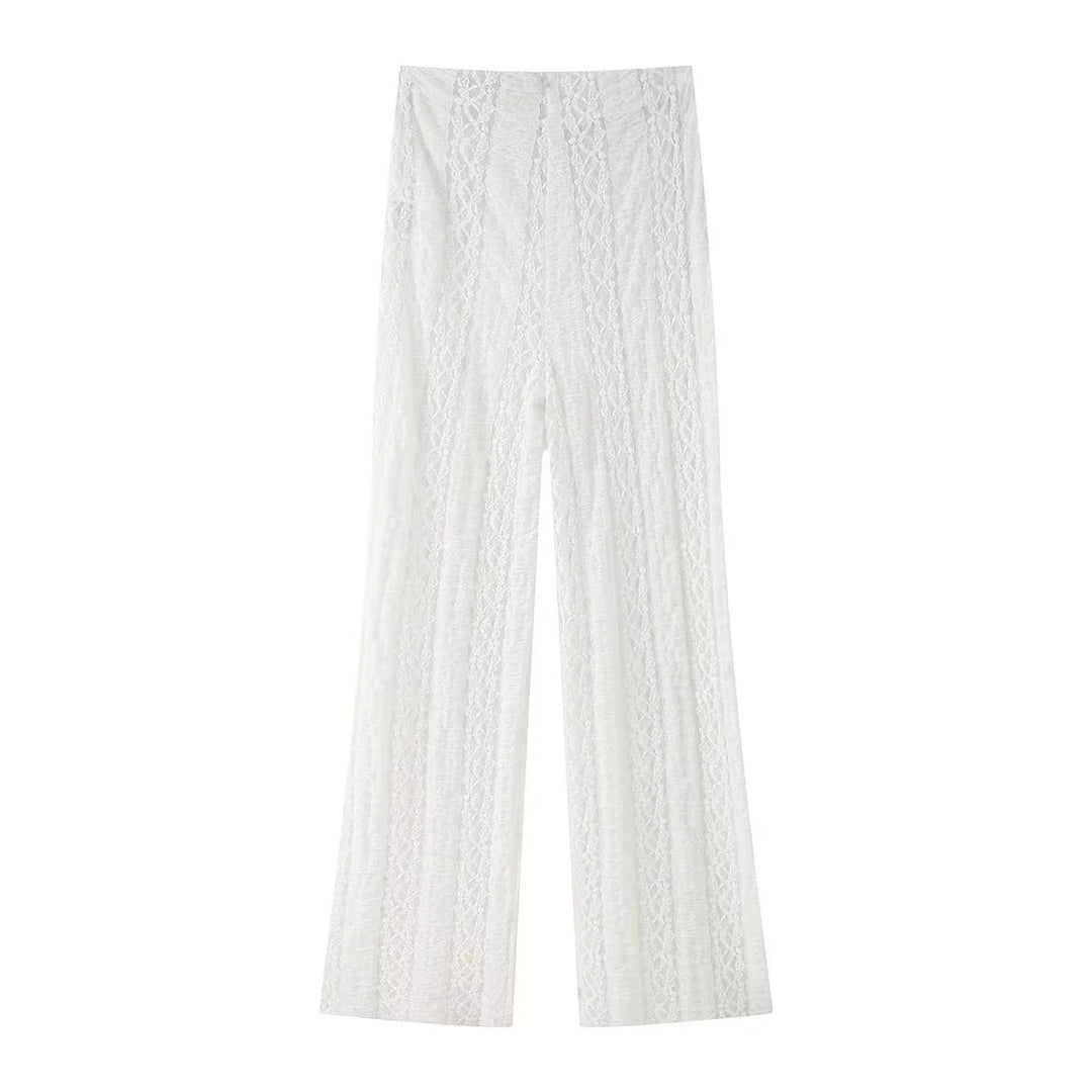 Damen elegante Palazzo-Hose mit floralem Spitzenmuster EB