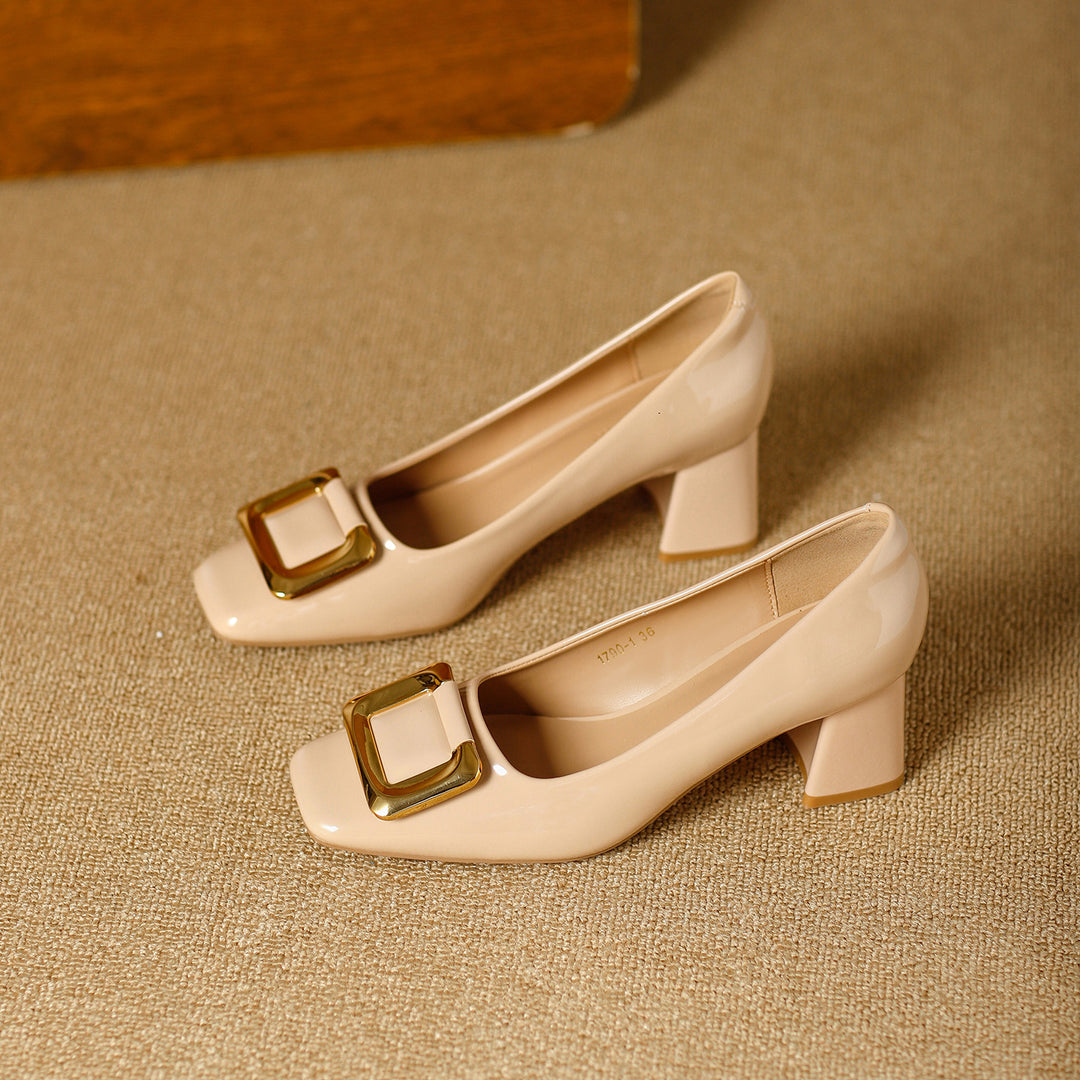 Damen elegante High Heels mit schickem quadratischem Zehenbereich und goldener Schnalle EB