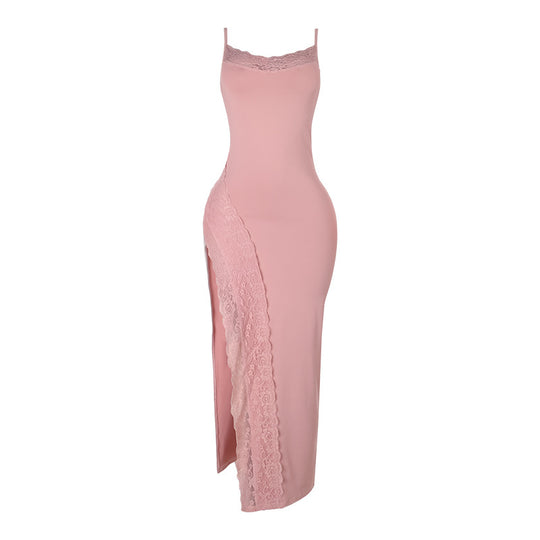 Damen elegantes Spitzen-Maxikleid mit zarten Trägerspitzendetails EB