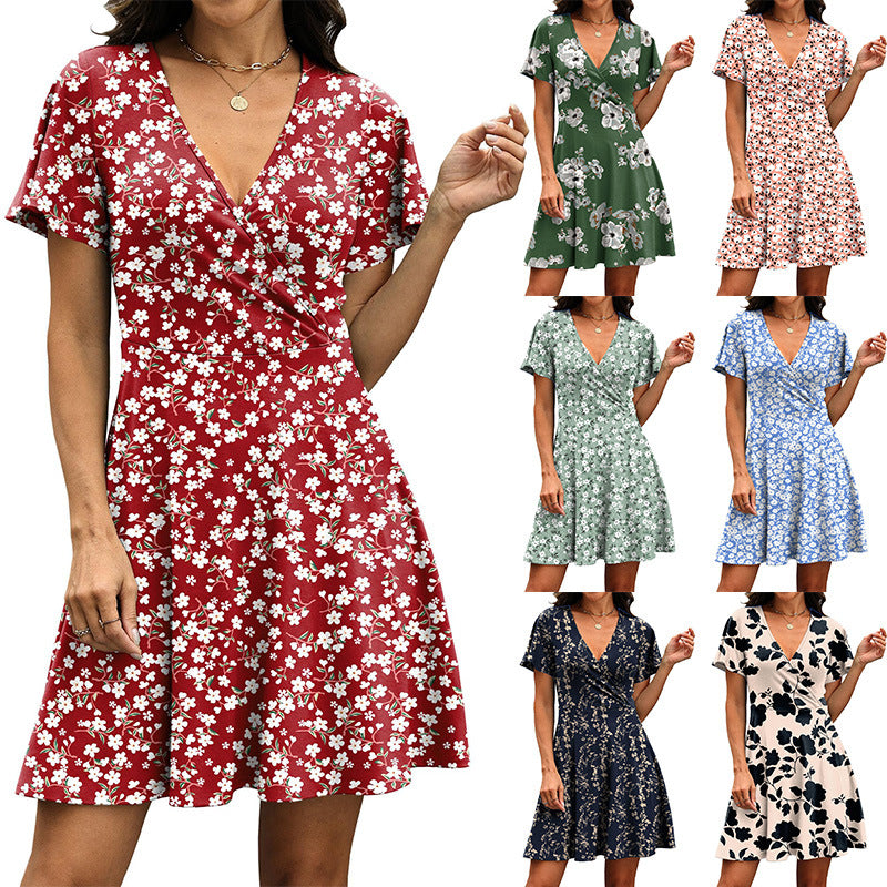 Damen Kurzärmeliges Wickelkleid mit floralen Mustern und V-Ausschnitt EB