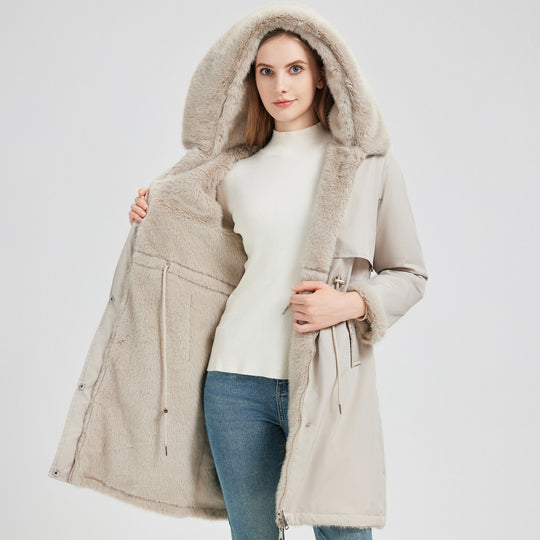 Damen Eleganter und warmer Parka mit abnehmbarem Kunstfellkragen und praktischen Schnürdetails EB