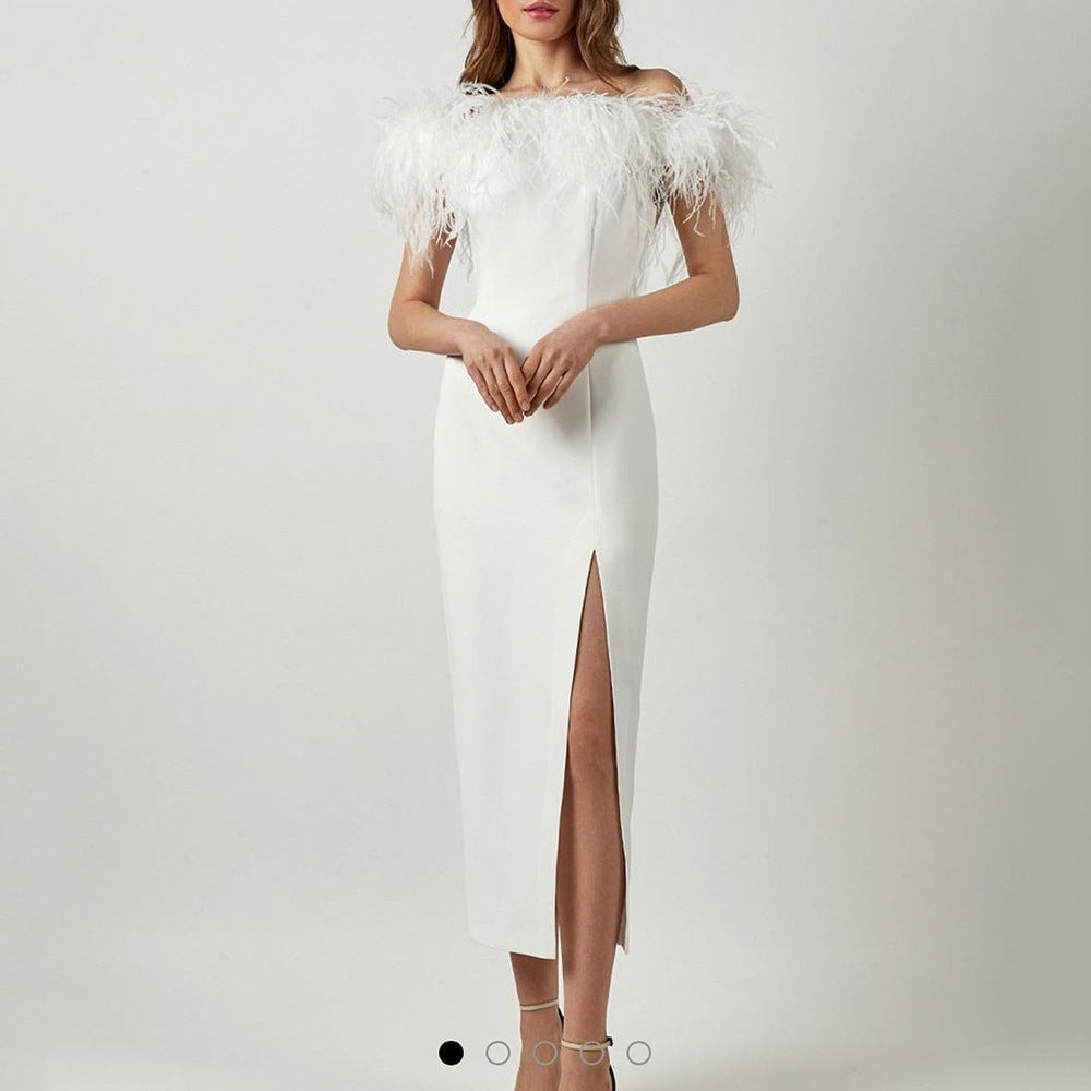 Damen Abendkleid mit federverziertem Oberteil und schlankem Schnitt EB