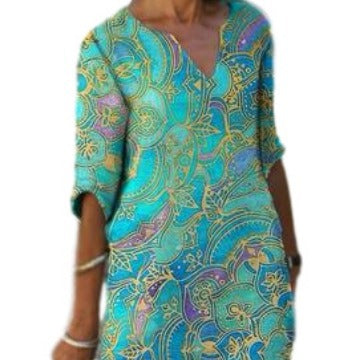 Damen Freizeitleichtkleid mit elegantem V-Ausschnitt und buntem Muster EB