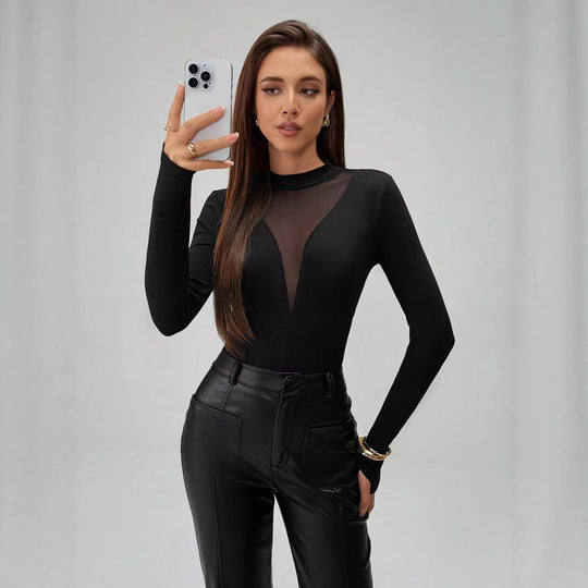 Damen nan figurbetonter Langarm-Body mit transparenten Mesh-Einsätzen, Stehkragen und hohem Beinausschnitt EB