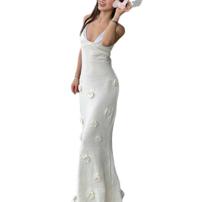 Damen elegantes Häkel-Maxikleid mit floralem Design EB