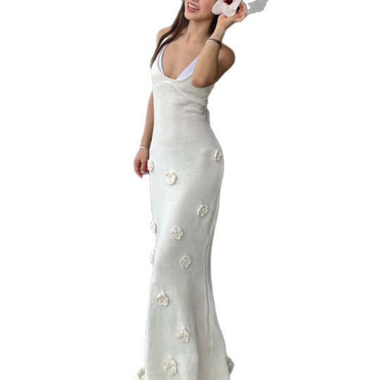 Damen elegantes Häkel-Maxikleid mit floralem Design EB