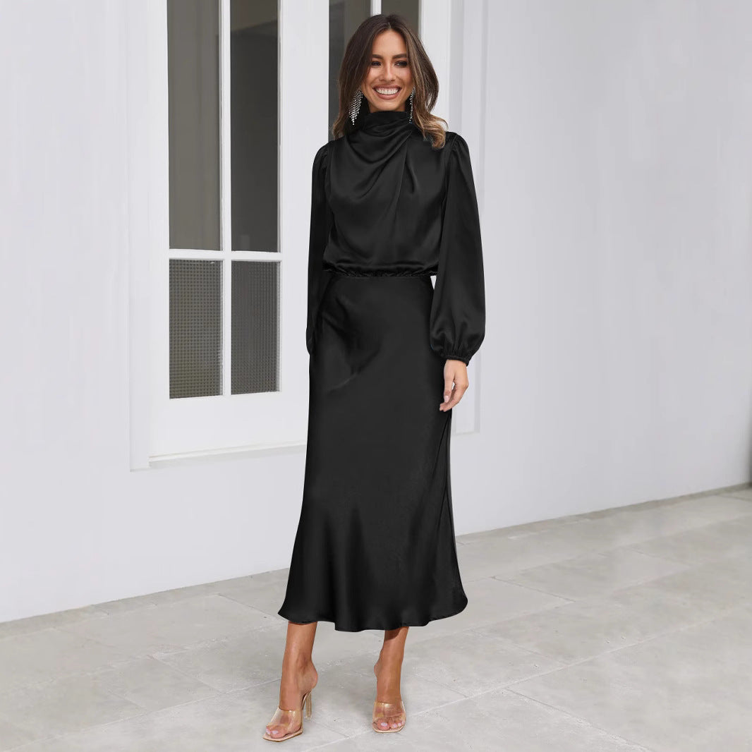 Damen Satin-Maxikleid mit hohem Kragen und Raffungen EB