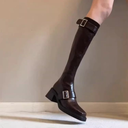 Damen modische Stiefel mit elegantem Schnallenverschluss und robustem Blockabsatz EB