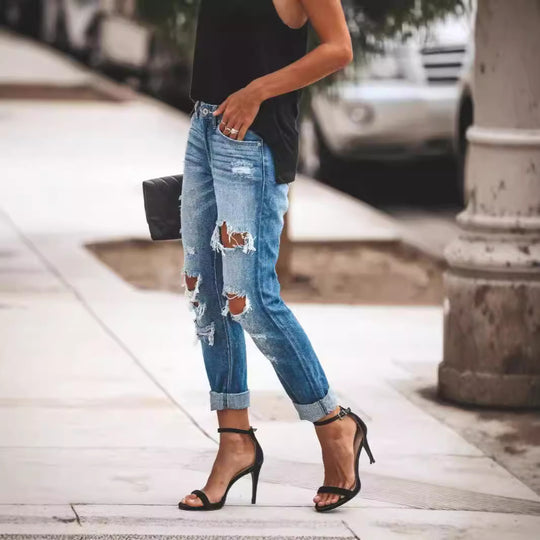 Damen Destroyed Boyfriend Jeans im lässigen Stil mit hohen Rissdetails EB