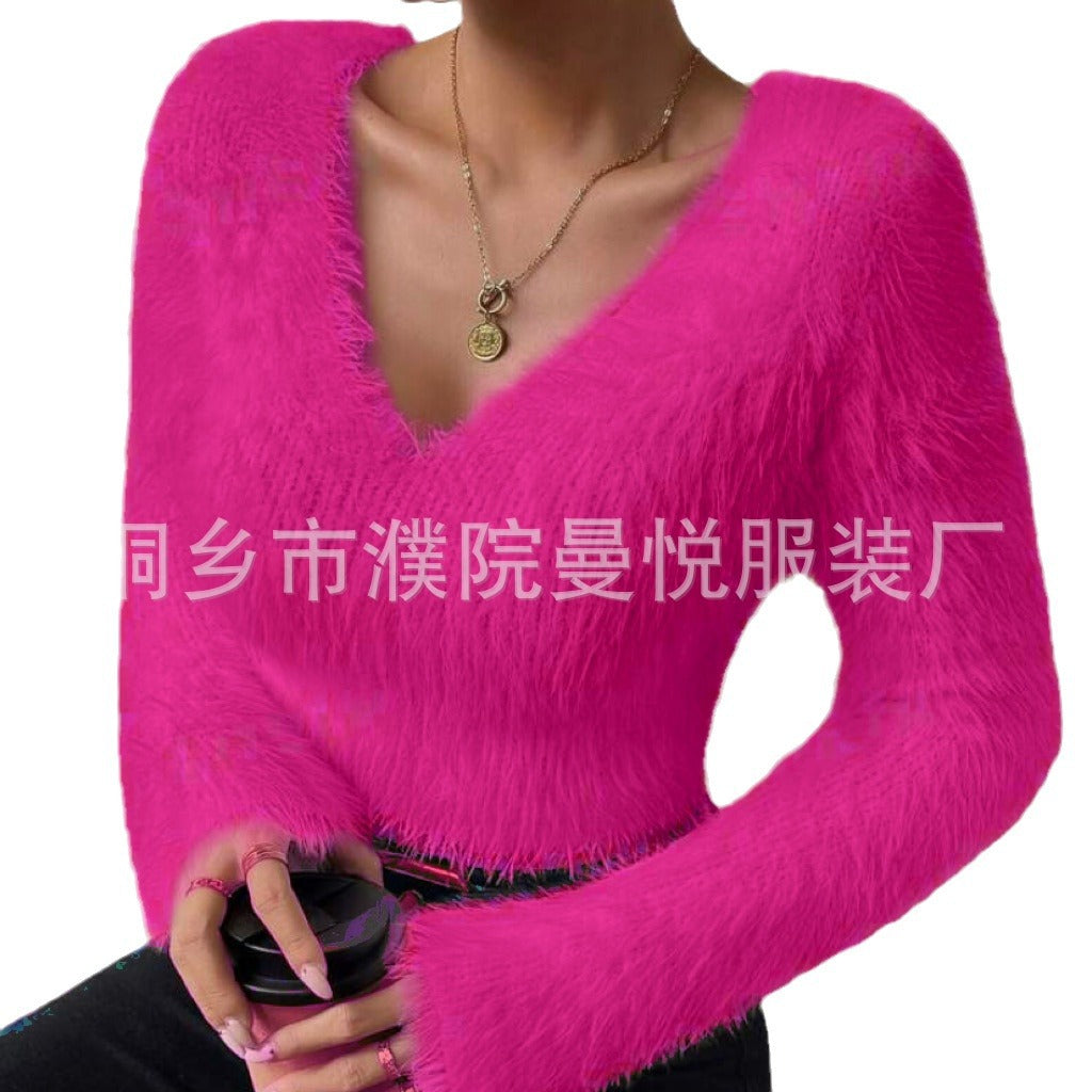 Damen Flauschiger Crop-Pullover mit V-Ausschnitt und Eyelash-Struktur EB