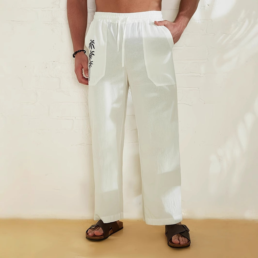 Herren lässige Leinen-Relax-Hose mit palmenmotivierten Taschen EB