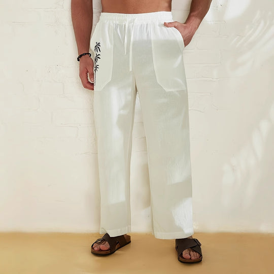 Herren lässige Leinen-Relax-Hose mit palmenmotivierten Taschen EB
