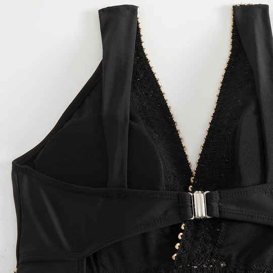 Damen Hochwertiger Einteiler Badeanzug mit tiefem V-Ausschnitt und eleganten Schmuckdetails EB