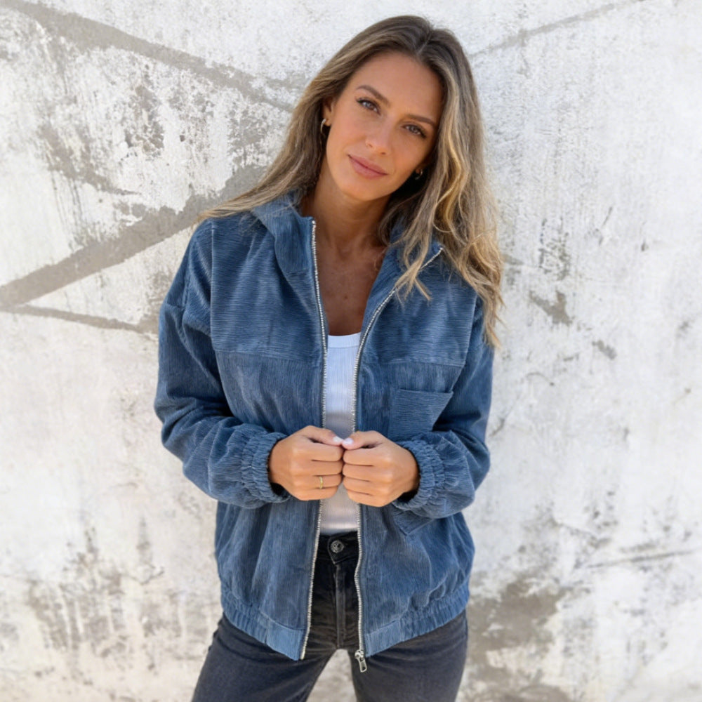 Damen nan Feincord-Übergangsjacke mit Kapuze, Reißverschluss, elastischen Bündchen und seitlichen Eingrifftaschen EB