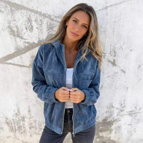 Damen nan Feincord-Übergangsjacke mit Kapuze, Reißverschluss, elastischen Bündchen und seitlichen Eingrifftaschen EB