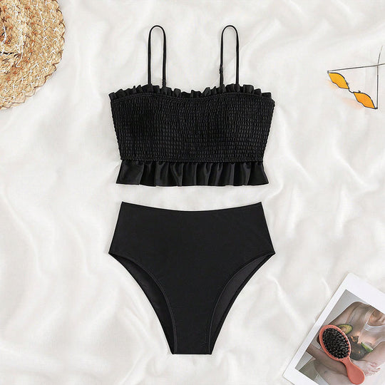 Damen Bikini-Set mit gerafftem Oberteil und hoch geschnittenem Unterteil EB