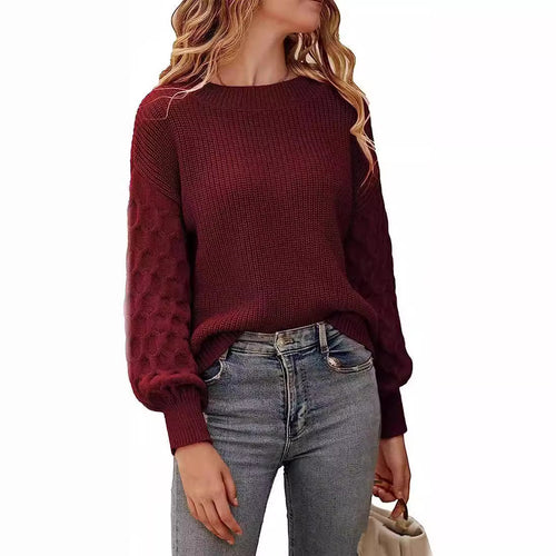 Damen modischer Strickpullover mit strukturierten Ärmeln und Rundhalsausschnitt EB