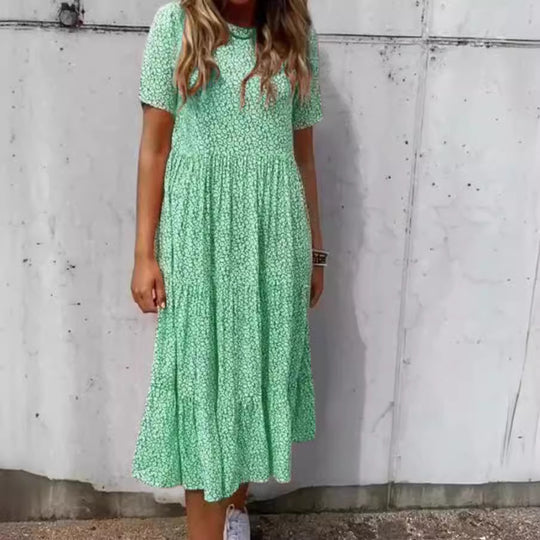 Damen nan geblümtes gekrepptes Midikleid mit geraffter Empire-Taille, kurzen Ärmeln und stufigem Volantrock EB