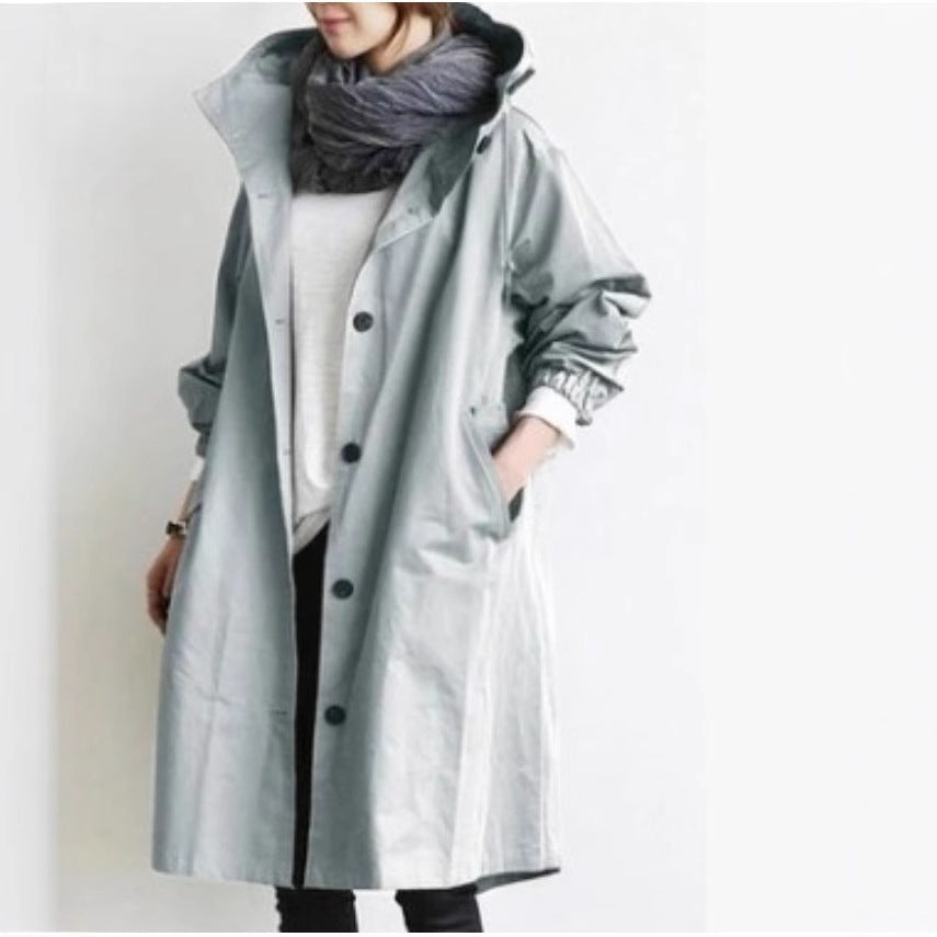 Damen nan leichter Oversize Regenmantel mit Kapuze und verdecktem Verschluss EB