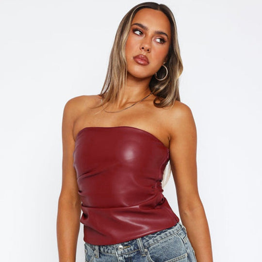 Damen Bandeau-Oberteil aus hochwertigem Kunstleder mit raffinierten Rüschendetails EB
