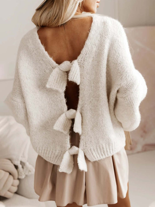 Damen lässiger Strickpullover mit tiefem Rückenausschnitt und Schleifendetails EB