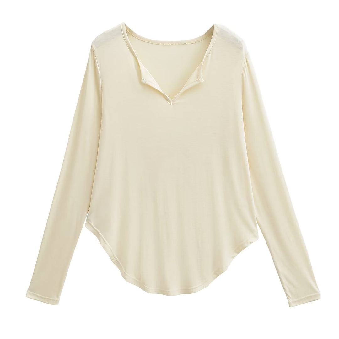 Damen lässiges Longsleeve-Oberteil mit V-Ausschnitt und geschwungenem Saum EB