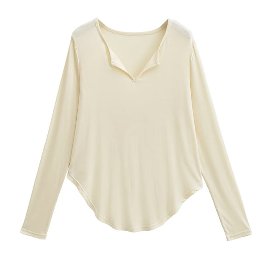 Damen lässiges Longsleeve-Oberteil mit V-Ausschnitt und geschwungenem Saum EB