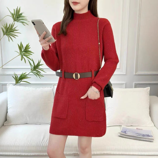 Damen Strickkleid mit hochgeschlossenem Kragen und praktischen Taschen EB