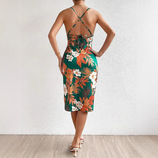 Damen Midi-Kleid mit floralem Design und verstellbarem Rückenschnürung EB