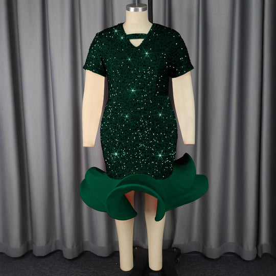 Damen glamouröses Abendkleid mit schimmernden Pailletten und voluminösem Saum EB