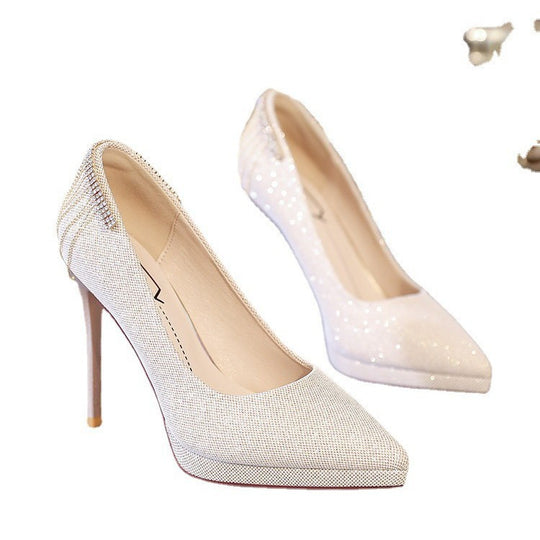 Damen nan elegante Abend-Pumps mit feinem Glitzermesh, spitzer Zehenpartie, filigranem Stilettoabsatz und dekorativer Fersenapplikation EB