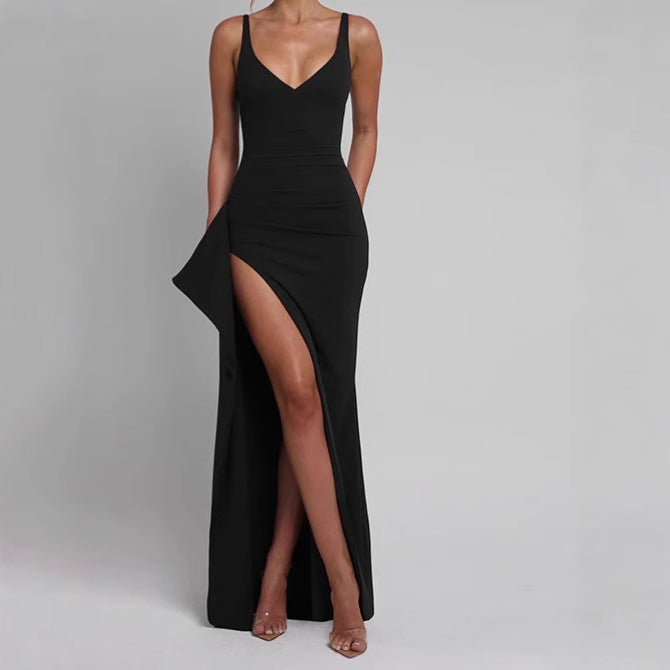 Damen Elegantes Maxikleid mit seitlichem Schlitz und verführerischem V-Ausschnitt EB