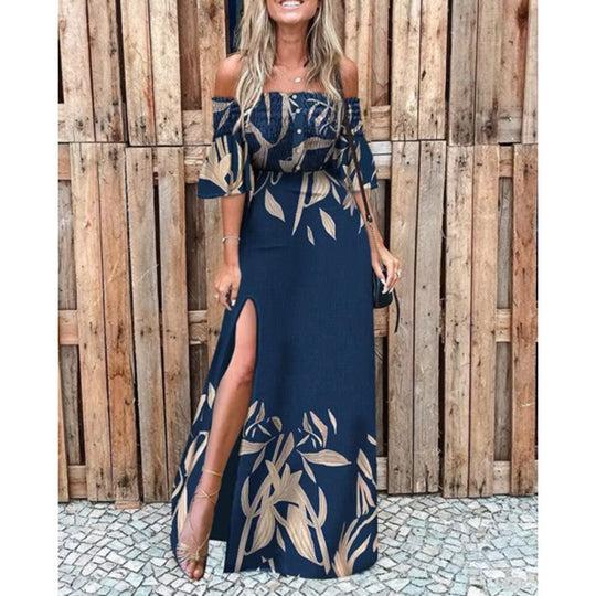 Damen Maxikleid mit schulterfreiem Design und elegante Blumendruckdetails EB