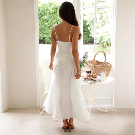 Damen Maxikleid mit schwingendem Rock und verstellbaren Spaghetti-Trägern EB