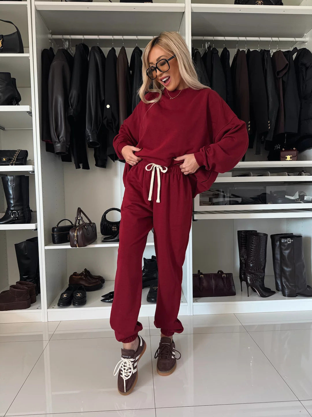 Damen nan entspanntes Lounge-Set aus Bio-Baumwoll-French-Terry mit Kordelzug, elastischem Bund und gerippten Bündchen EB