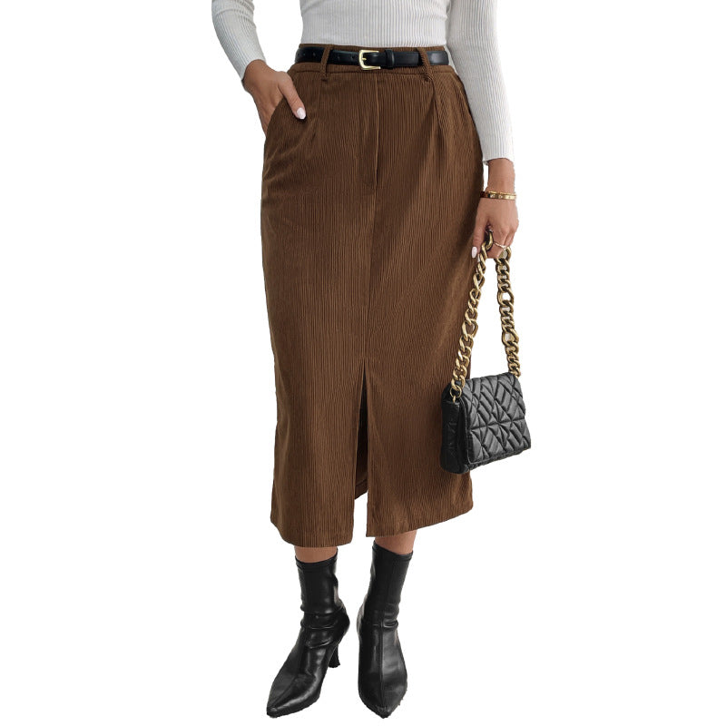 Damen Cord-Midirock mit hohem Bund, Eingrifftaschen und mittigem Schlitz EB