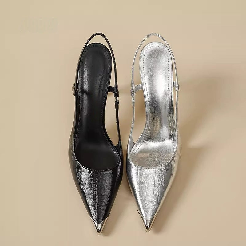 Damen elegante Slingback-Pumps aus schimmerndem Metallic-Material EB