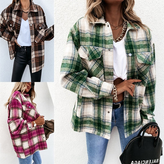 Damen Karierte Overshirtjacke im flauschigen Stoff EB