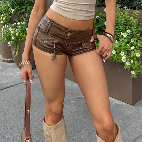 Damen Modische Shorts aus Kunstleder mit praktischen Taschen und dekorativen Reißverschlüssen EB