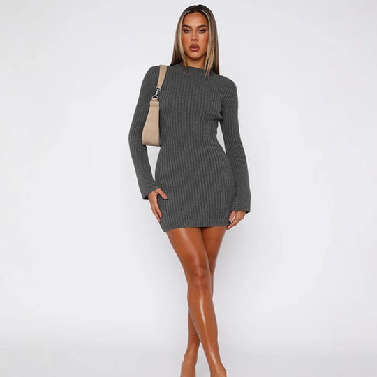 Damen Figurumspielendes Strick-Minikleid mit langen Ärmeln EB