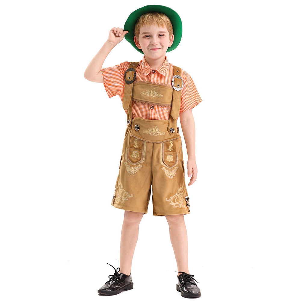 Herren nan traditionelle Kinderlederhose kurz mit aufwendiger Stickerei, Latztasche und verstellbaren Trägern EB
