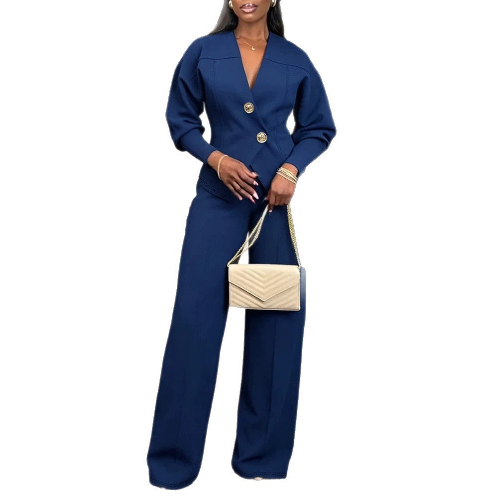 Damen Zweiteiliges tailliertes Blazer‑Hosen‑Set mit goldenen Zierknöpfen und weitem Palazzo-Bein EB